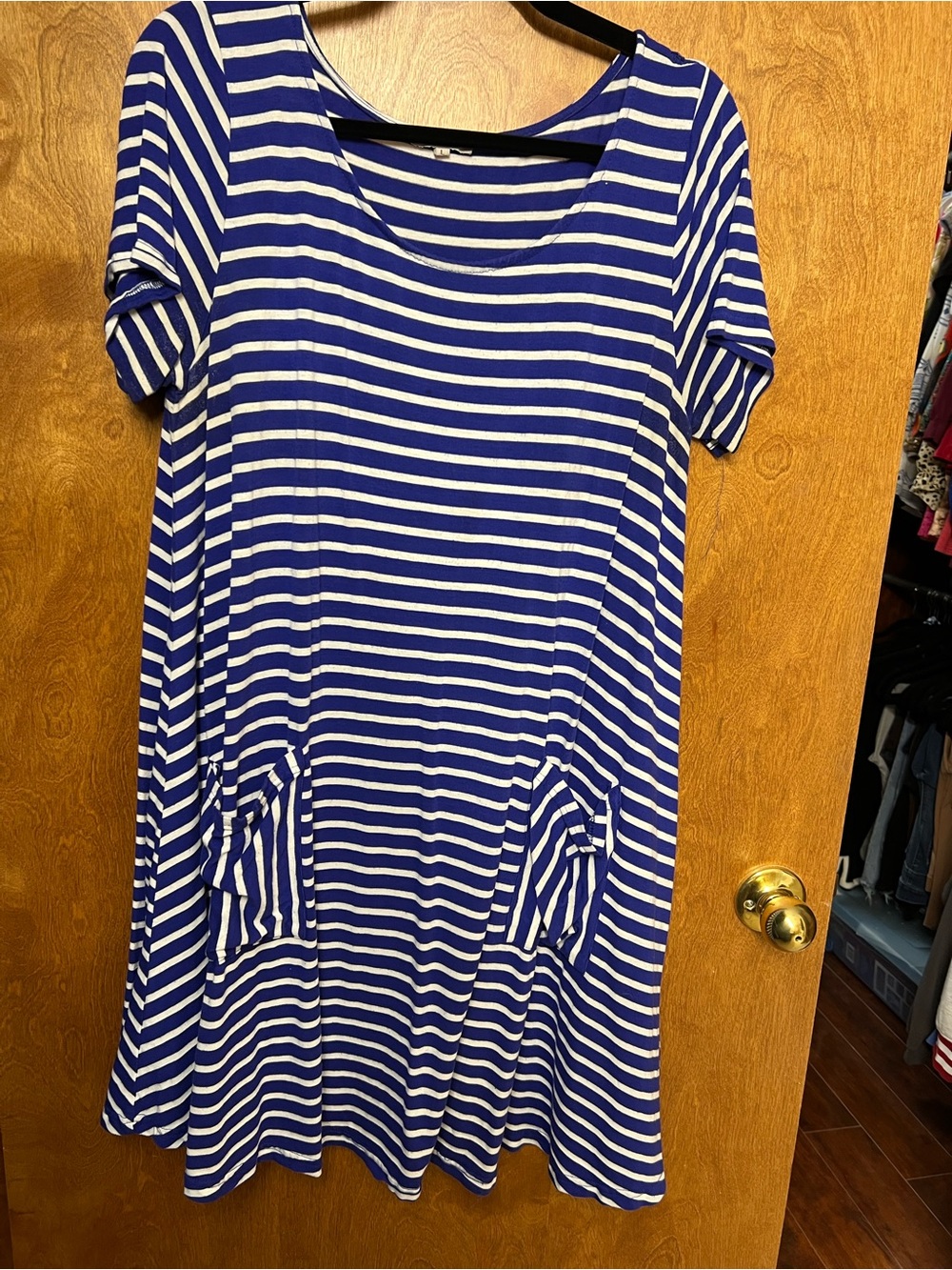 JODIFL Blue and White Striped Short Sleeve Swing Dress